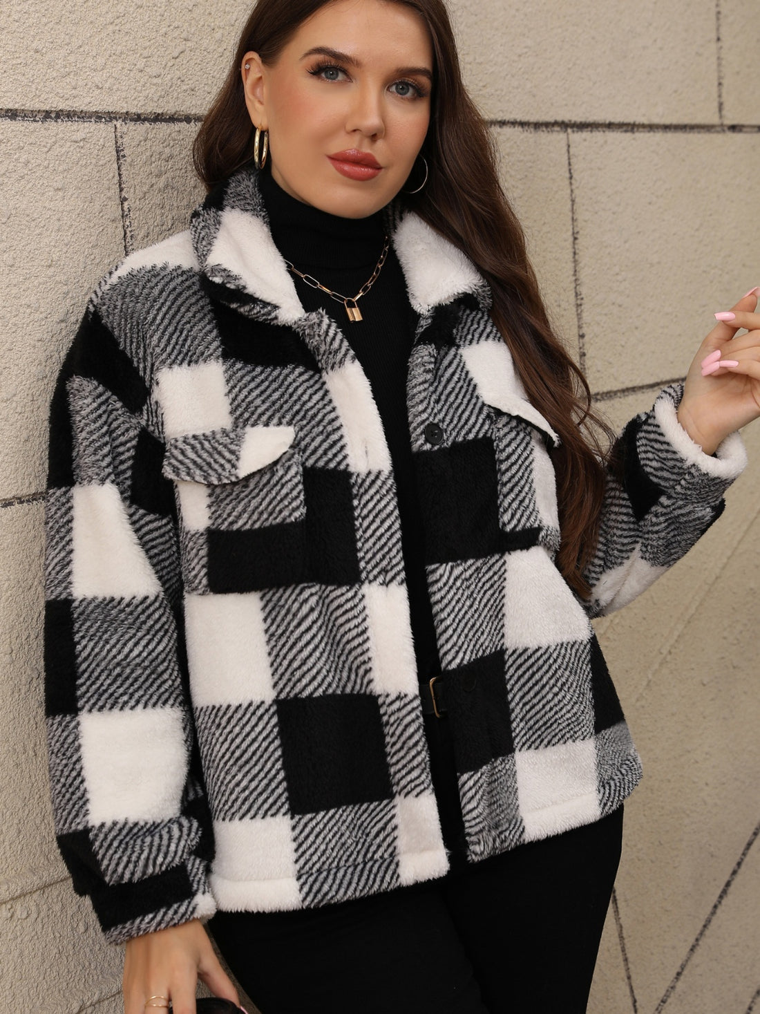 Plus Size Pocketed Plaid Collared Neck Jacket