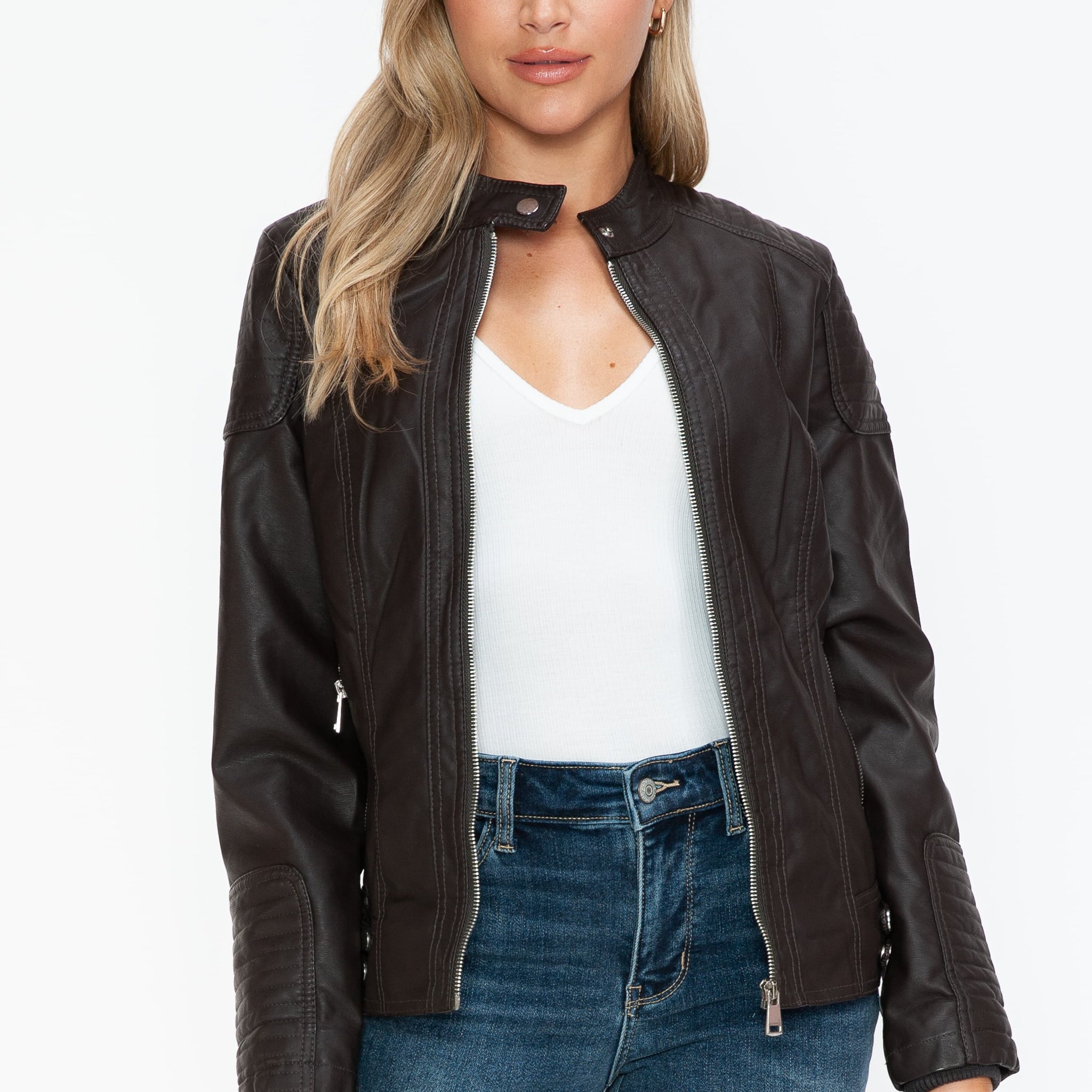 Snobbish Faux Leather Biker Jacket with Side Zip Pockets