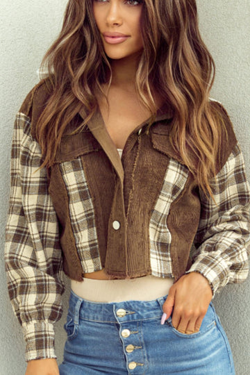 Raw Hem Plaid Cropped Hooded Jacket