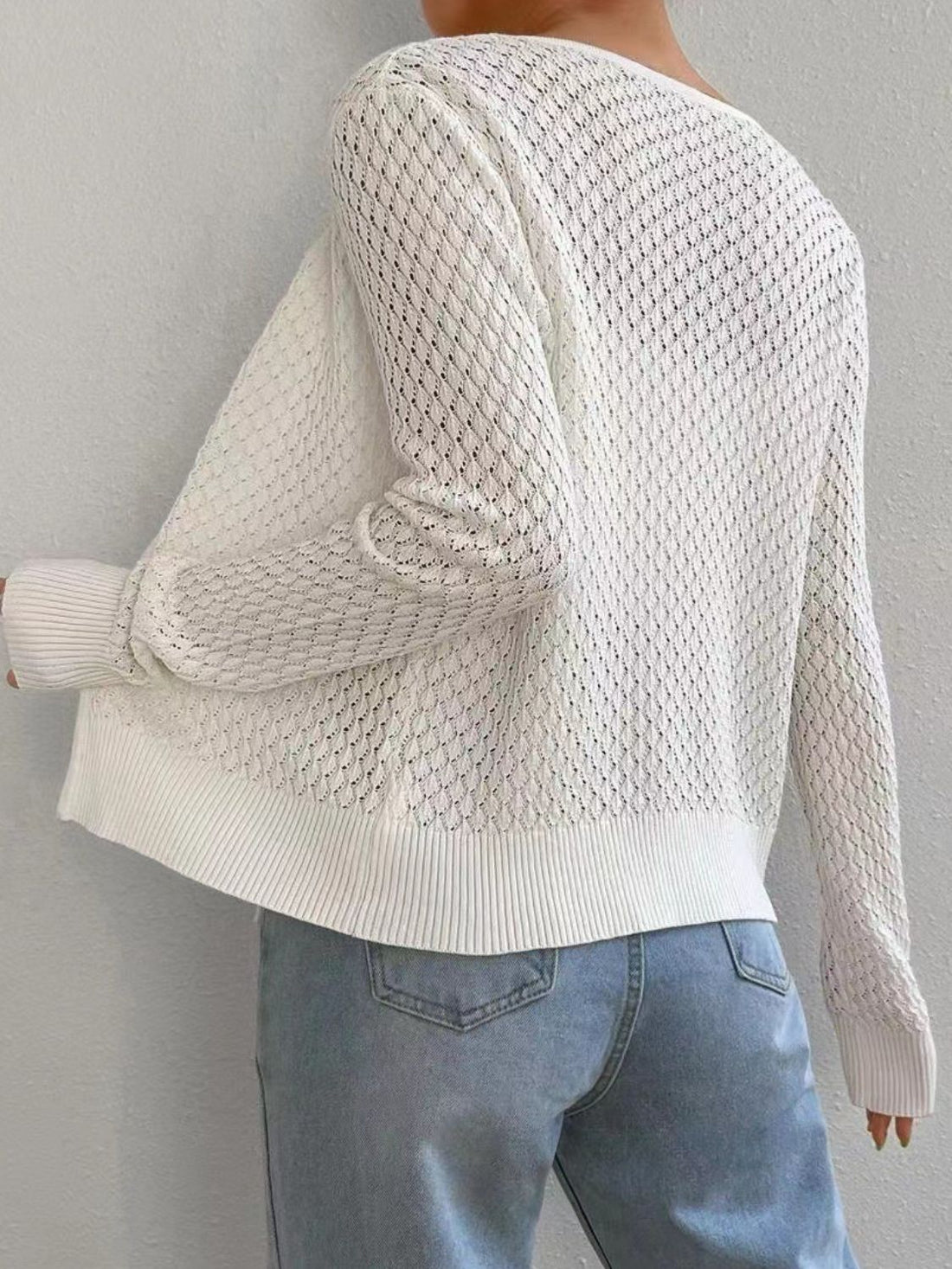 Tied Openwork V-Neck Long Sleeve Cardigan