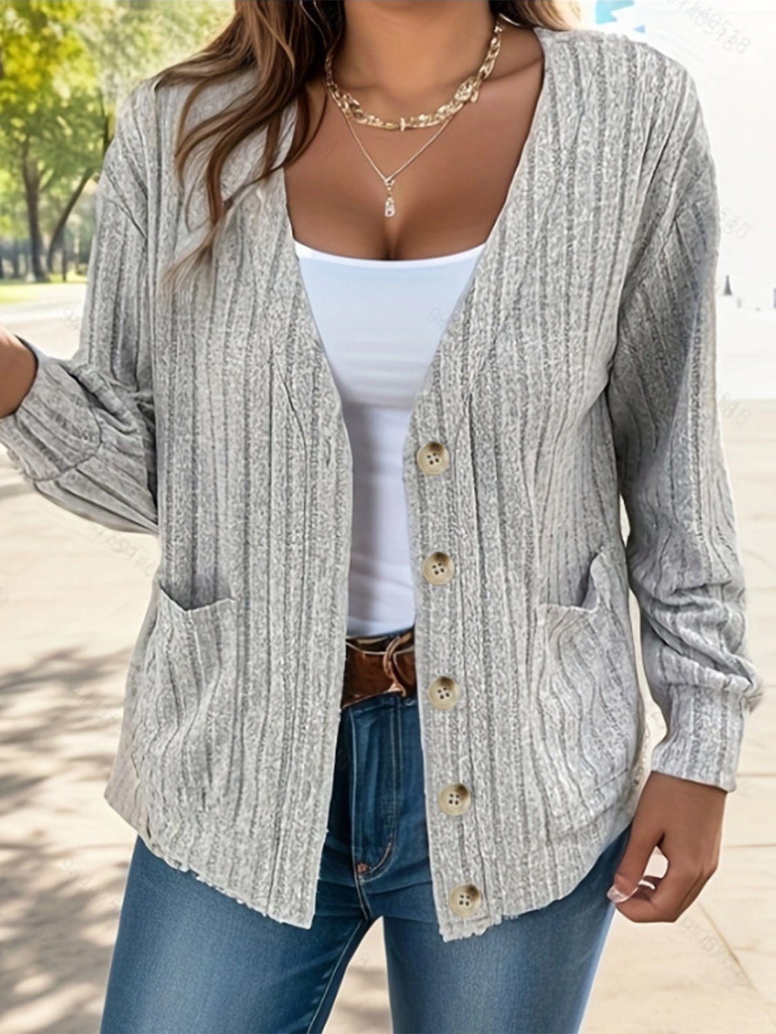 Full Size Button Up V-Neck Long Sleeve Cardigan