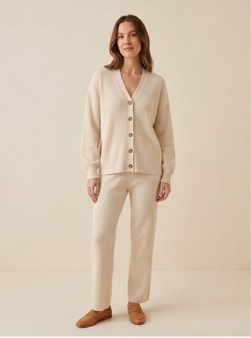 Cream Ribbed Knit Cardigan Set Fine Knit Wide Leg