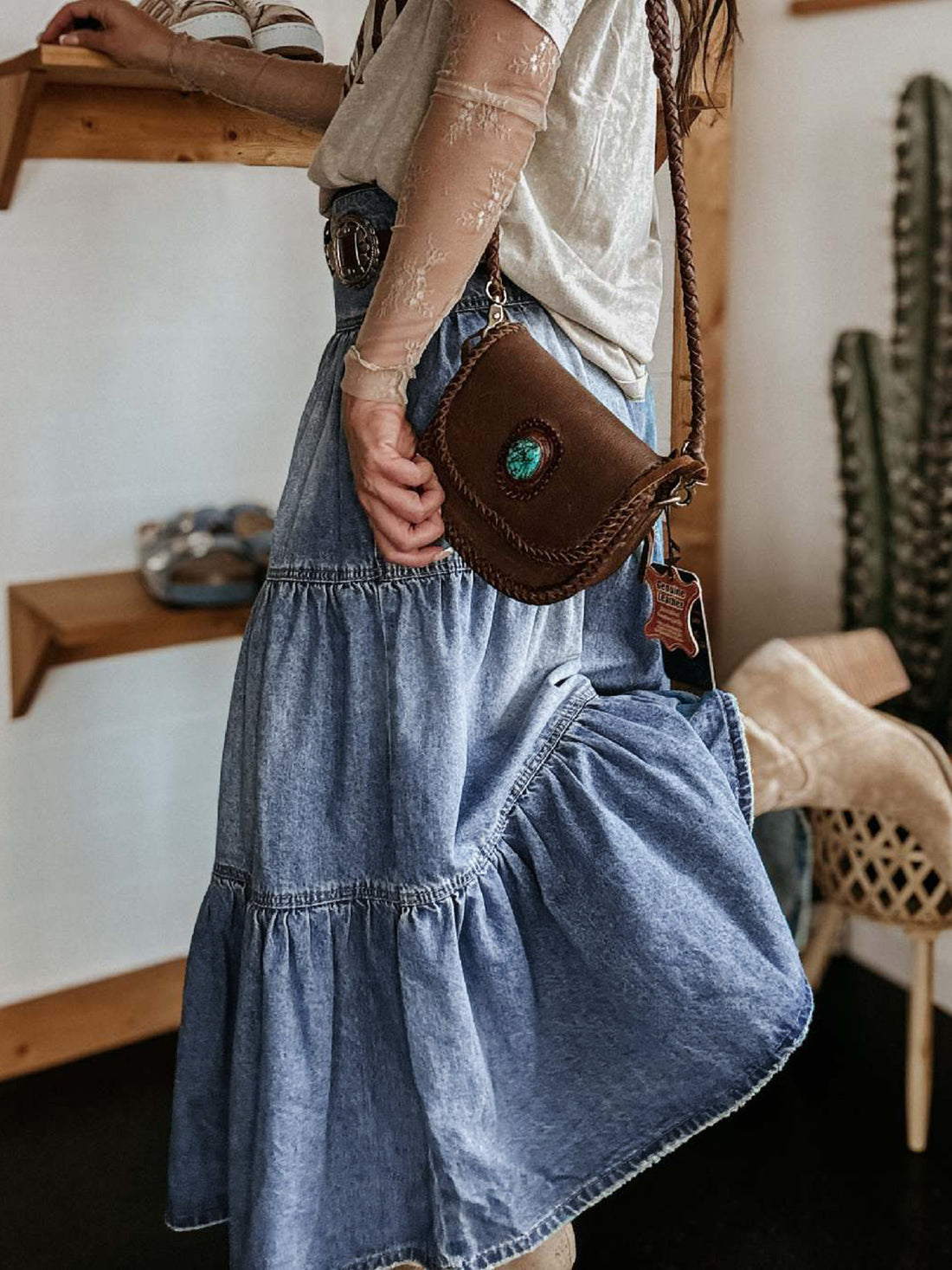 Tiered Button-Fly Denim Skirt