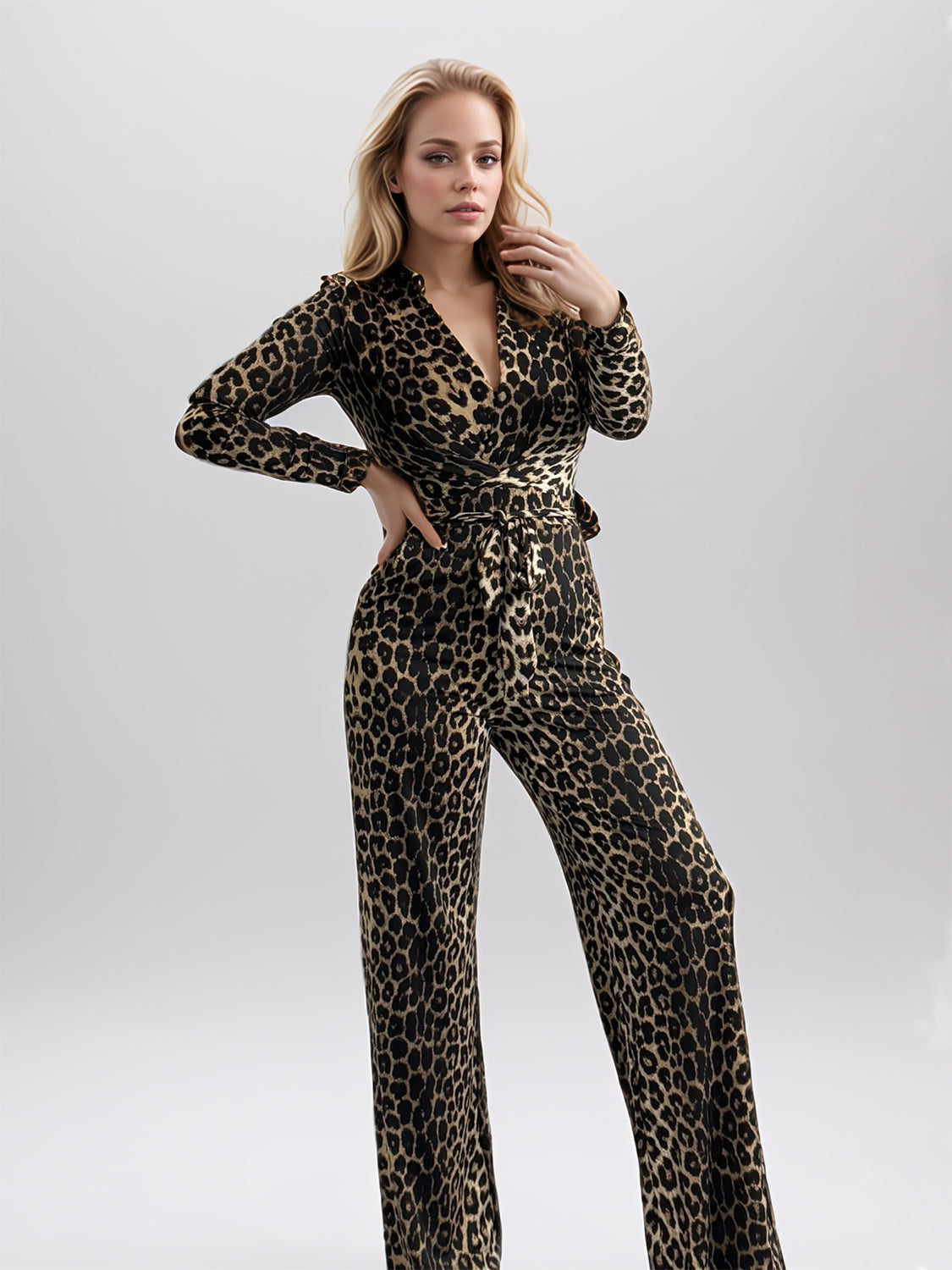 Full Size Leopard Tie Waist Long Sleeve Jumpsuit Plus Size