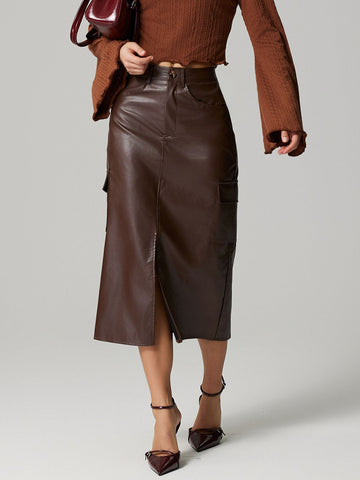 Slit Midi Skirt with Pockets