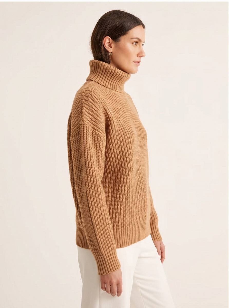 Chunky Camel Ribbed Turtleneck Knit