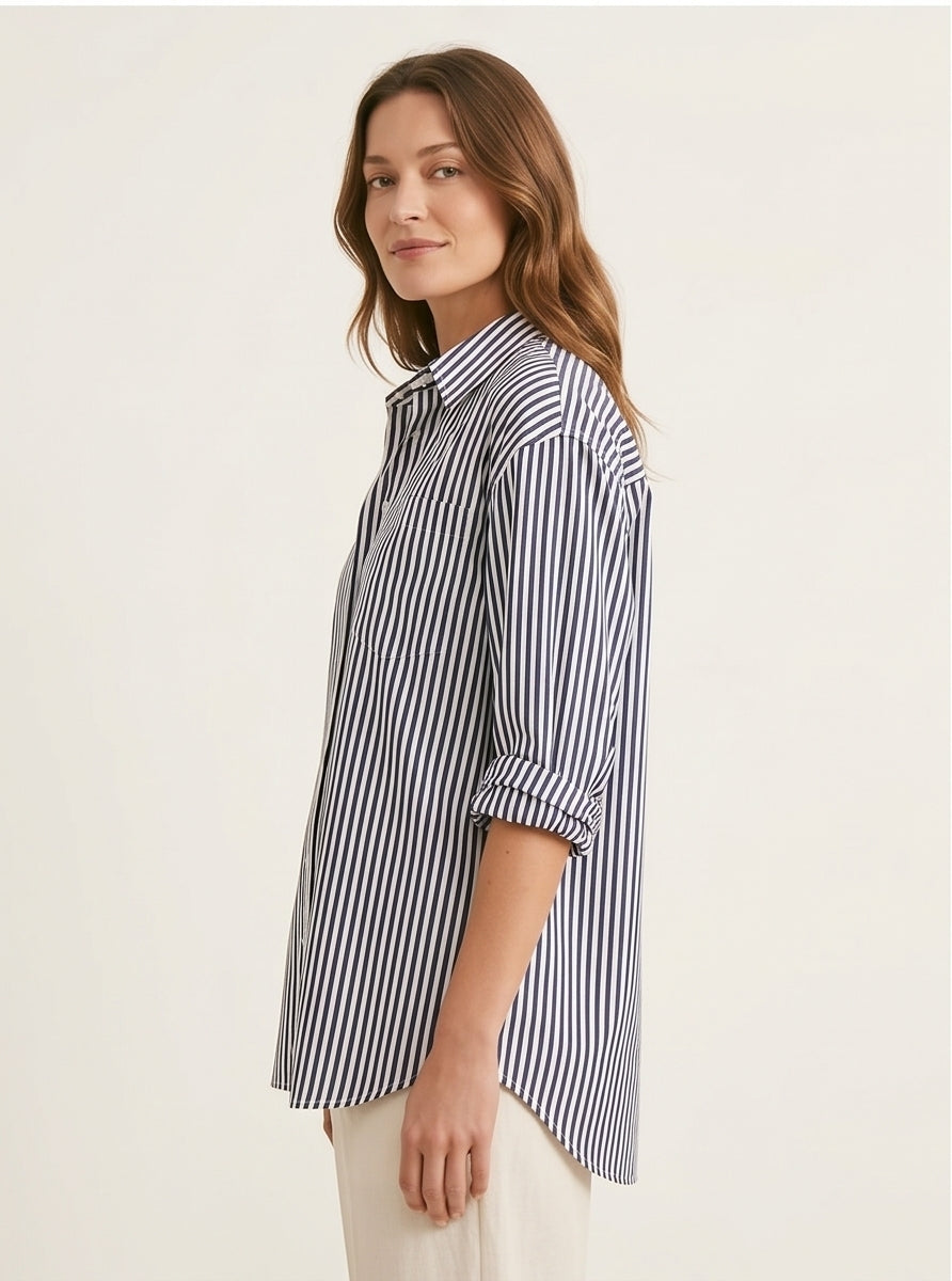 Oversized Striped Shirt — Navy White Stripes, Relaxed Breton-Style Top