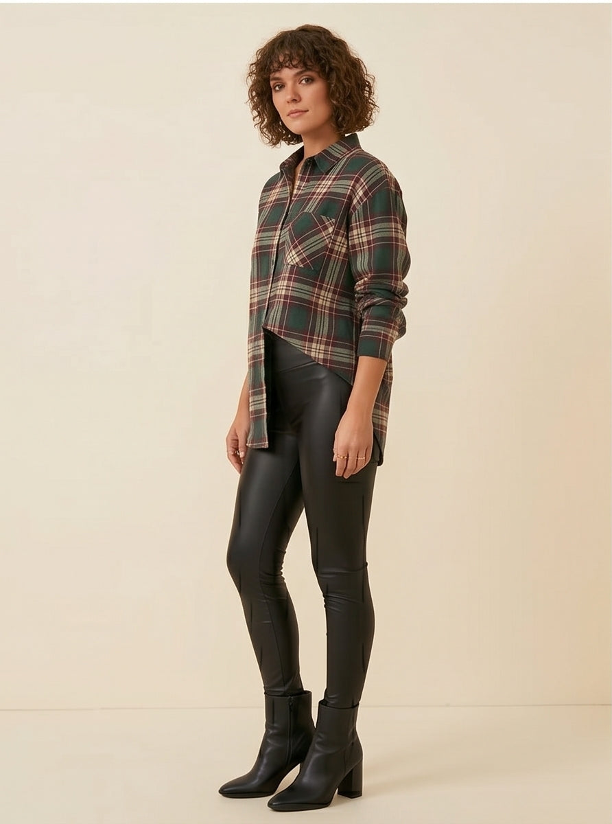 Oversized Plaid Flannel Shirt Green Burgundy, Fall Layering Style