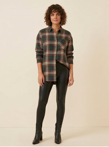 Oversized Plaid Flannel Shirt Green Burgundy, Fall Layering Style