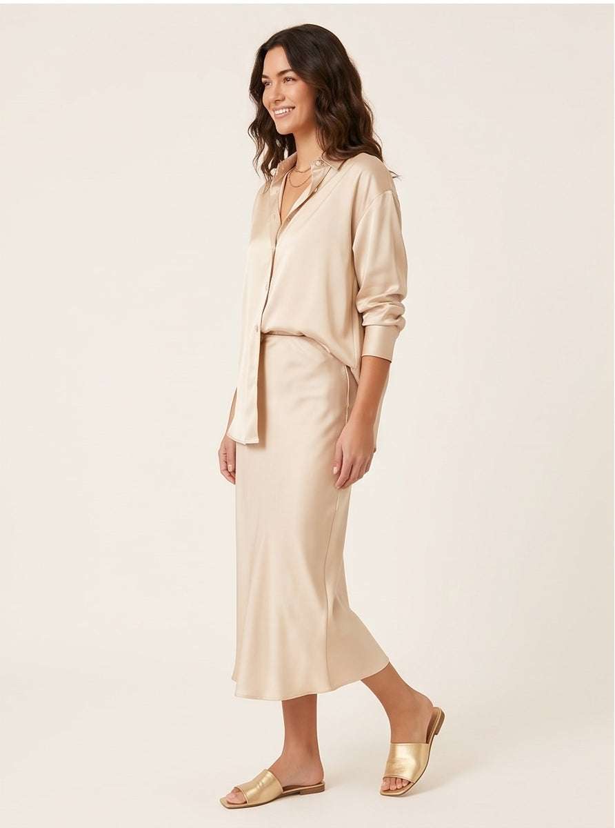 Oversized Satin Shirt Champagne Silk-Effect, Elevated Evening Style