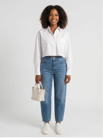 Cropped Oversized White Shirt Natural Waist Length, Modern Casual Top