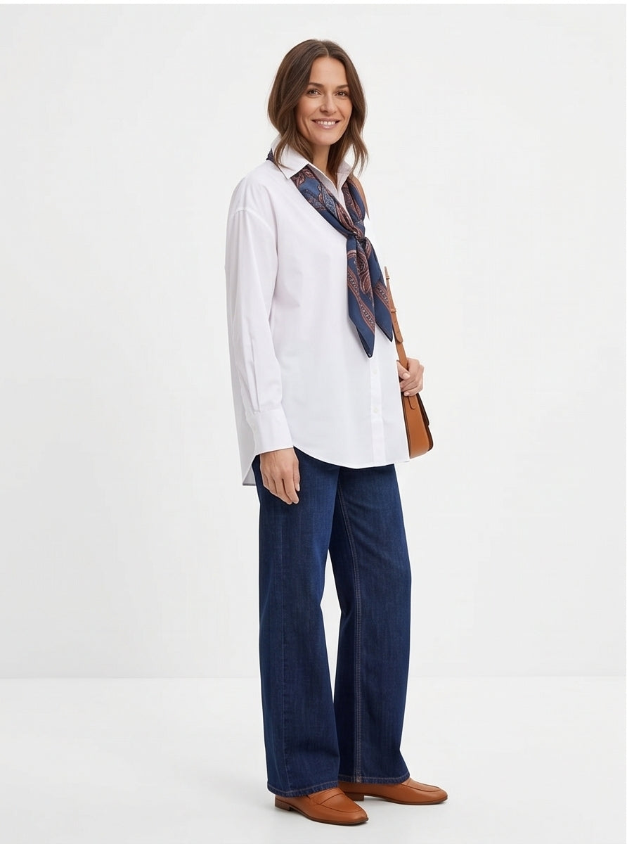 Oversized White Shirt Classic Relaxed Fit, Scarf-Style Versatile Top