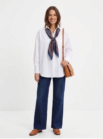 Oversized White Shirt Classic Relaxed Fit, Scarf-Style Versatile Top