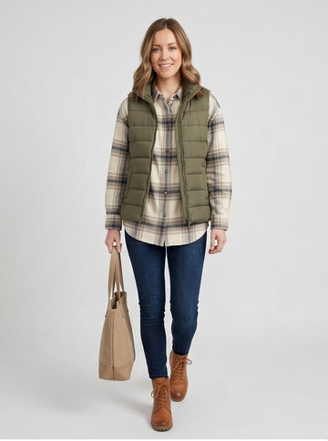 Oversized Plaid Flannel Shirt Cream Grey Check, Winter Layering Top