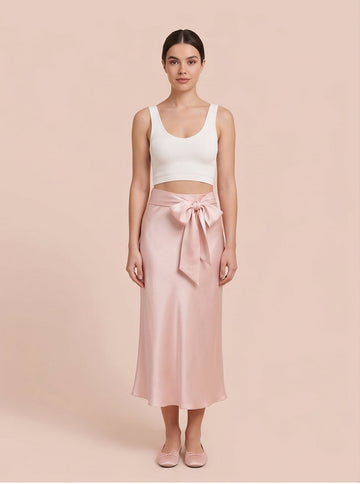Pale Pink Satin Slip Skirt with Bow Detail Ballet Coquette