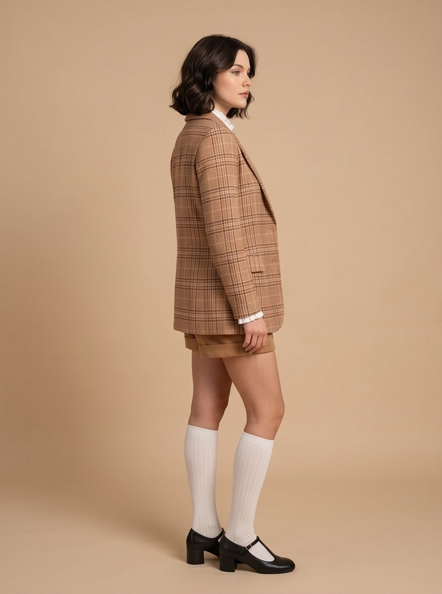 Camel Plaid Blazer Feminine Coquette Autumn Style