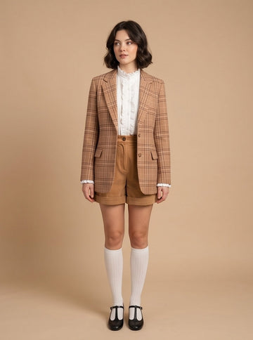 Camel Plaid Blazer Feminine Coquette Autumn Style