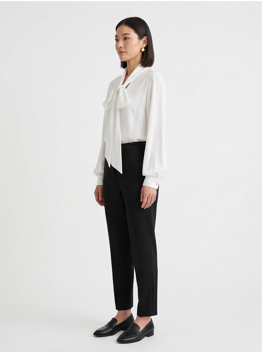 White Oversized Self-Tie Bow Blouse