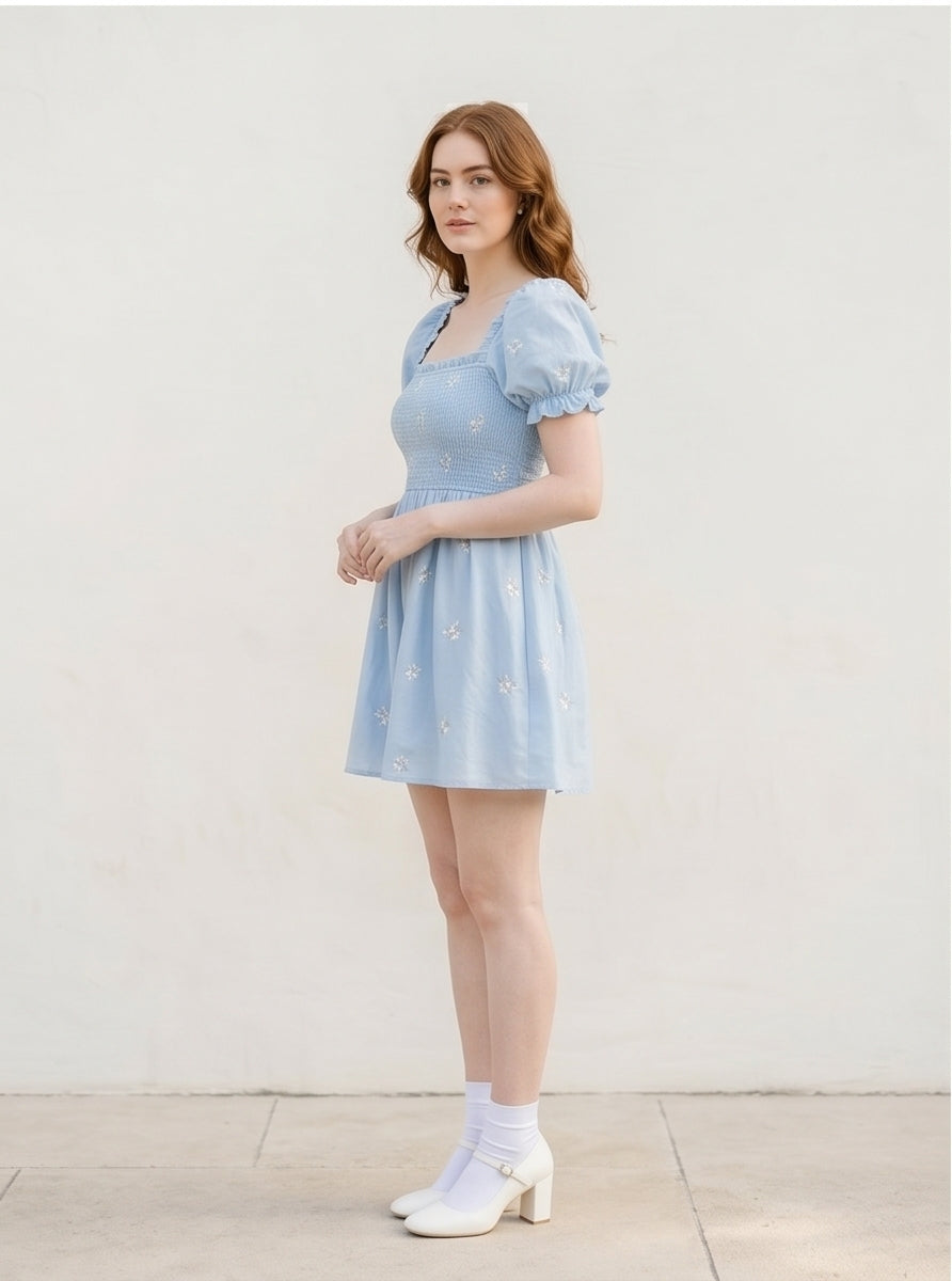 Baby Blue Smocked Puff Sleeve Mini Dress