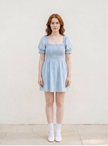 Baby Blue Smocked Puff Sleeve Mini Dress