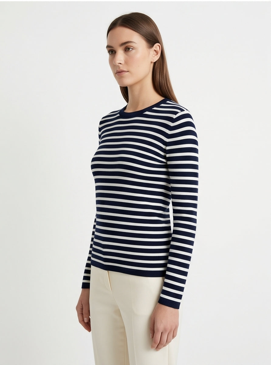 Classic Breton Stripe Crew-Neck Top in Navy and White