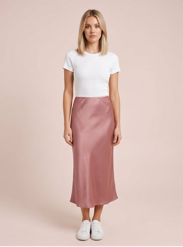Satin Bias-Cut Midi Skirt in Dusty Rose