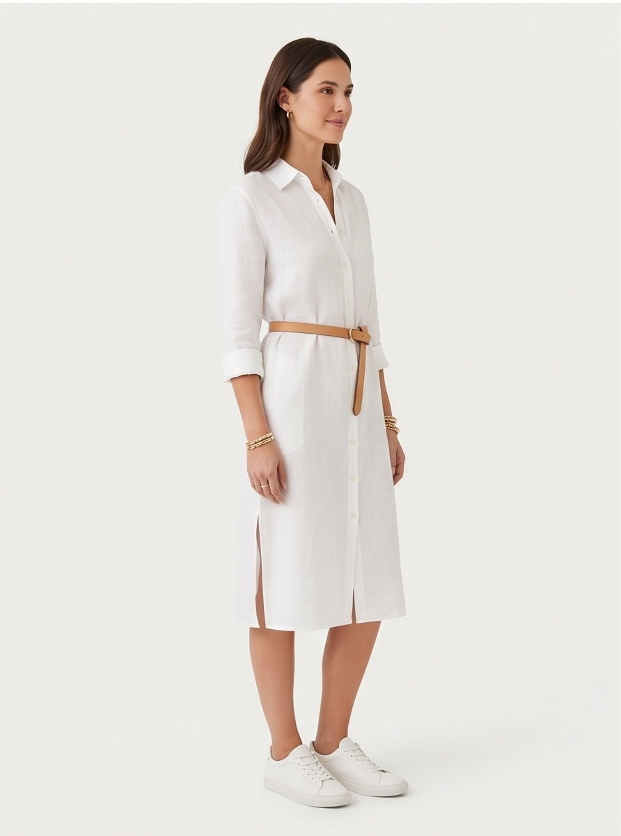 Linen Button-Down Shirt Dress in White Women's Belted
