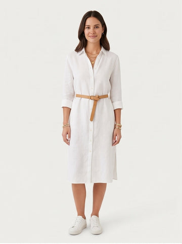 Linen Button-Down Shirt Dress in White Women's Belted