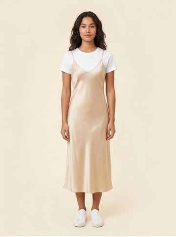 Silky Satin Midi Slip Dress in Champagne