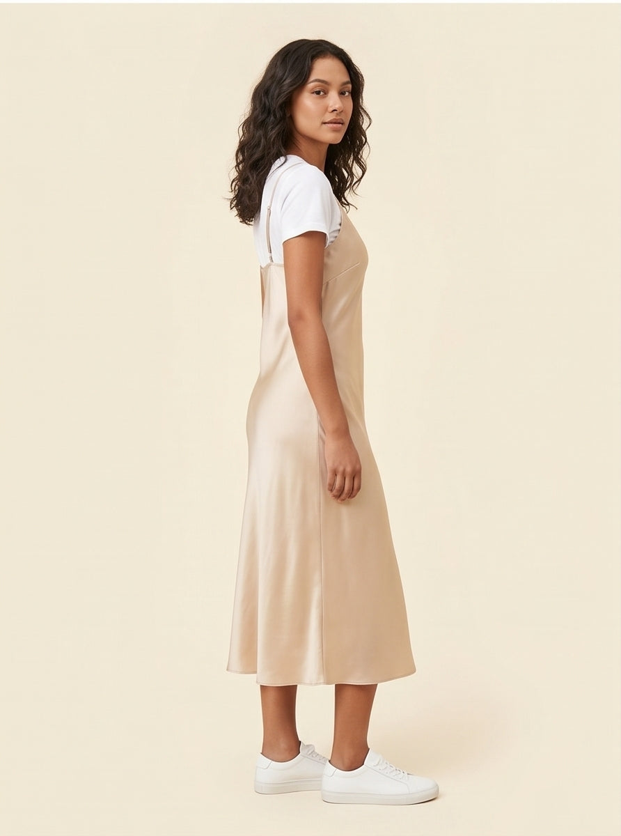 Silky Satin Midi Slip Dress in Champagne