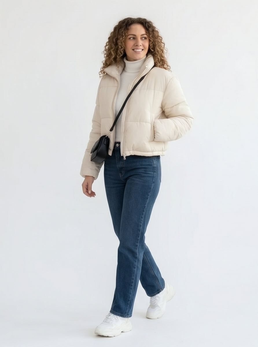 Cropped Puffer Jacket in Cream Women's Winter Casual