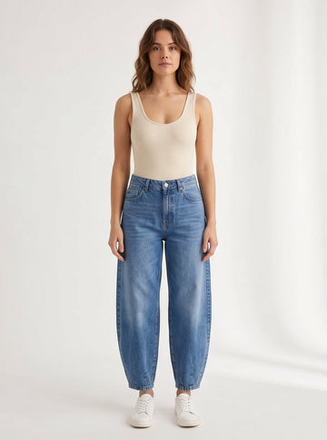 High-Rise Barrel-Leg Jeans in Mid Wash