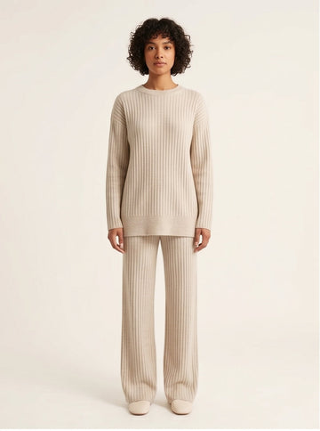 Ribbed Knit Wide-Leg Co-Ord Set Oatmeal Cream