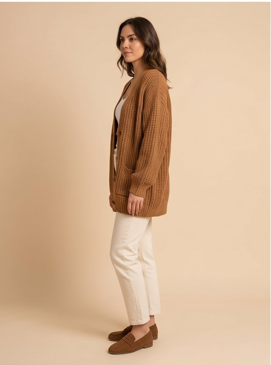 Chunky Oversized Knit Cardigan Caramel Brown Cozy Fit