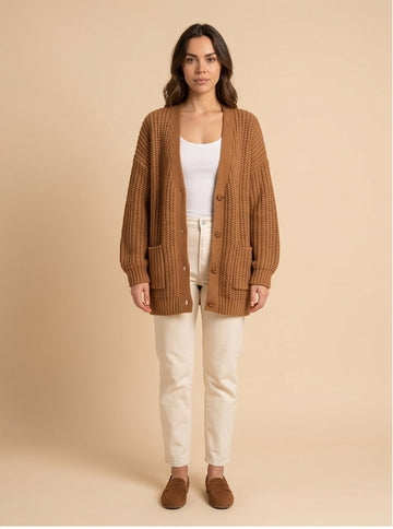 Chunky Oversized Knit Cardigan Caramel Brown Cozy Fit