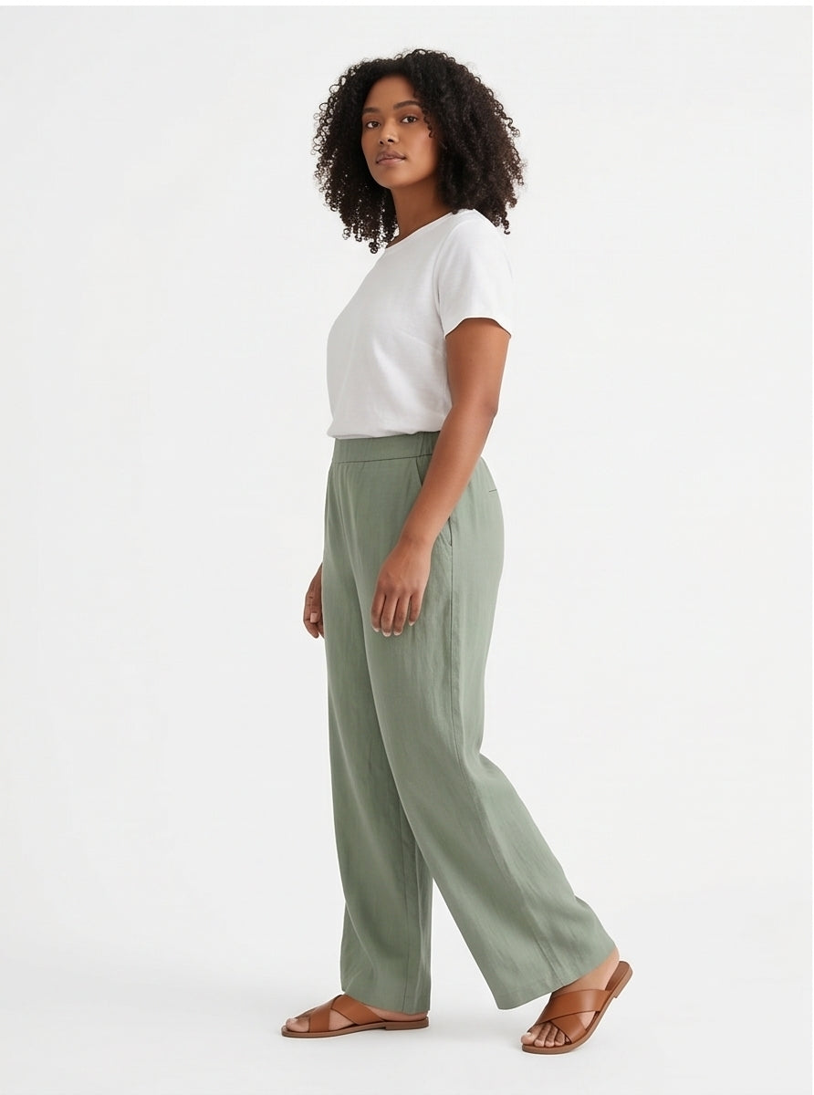 Wide-Leg Linen Pants Sage Green Relaxed Fit