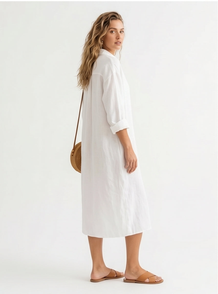 Oversized Linen Shirt Dress White Casual Coastal Style