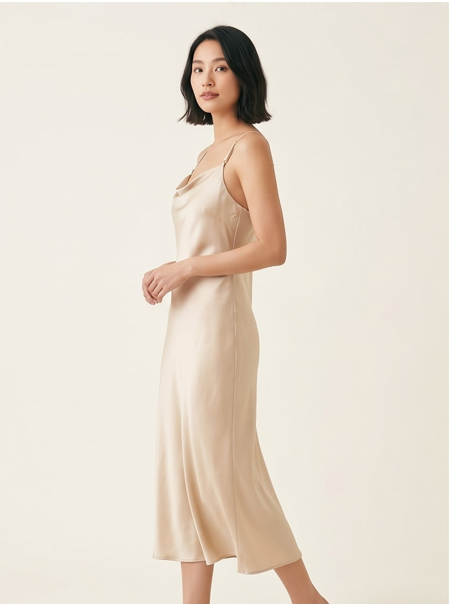 Satin Midi Slip Dress – Champagne Cowl Neck Versatile Style