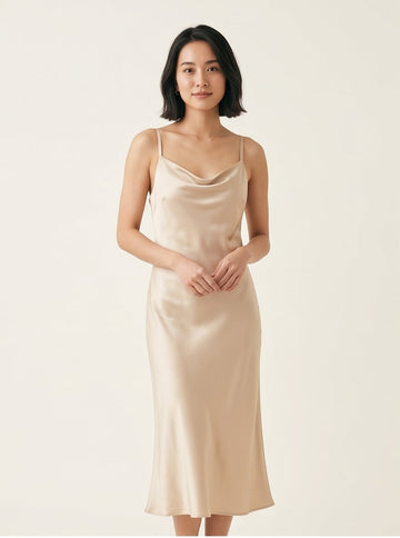 Satin Midi Slip Dress – Champagne Cowl Neck Versatile Style