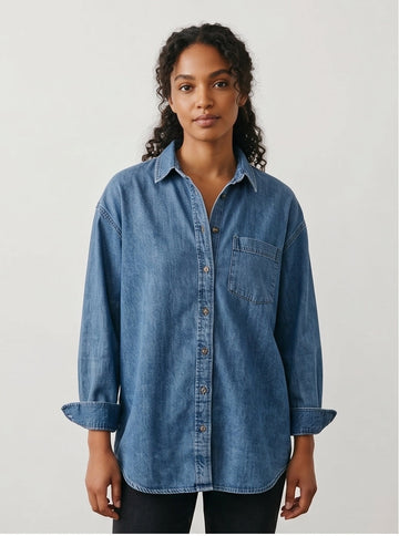 Oversized Denim Shirt Mid-Wash, Relaxed Casual Layering Shirt