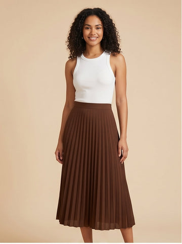 Pleated Satin Midi Skirt in Chocolate Brown