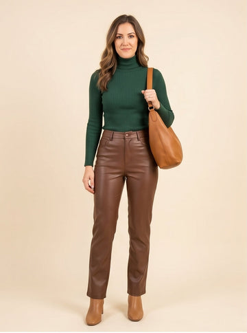 High-Waist Brown Leather-Look Straight Trousers