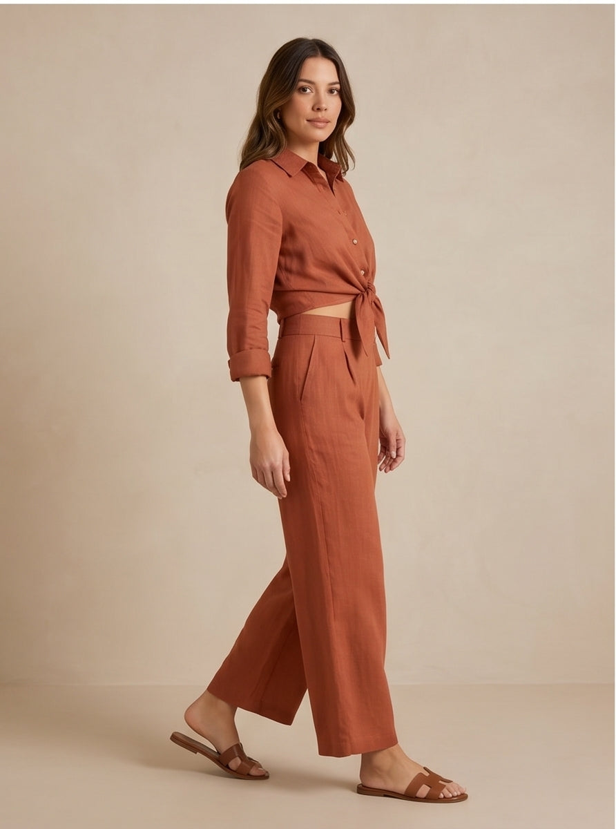 Terracotta Linen Wide-Leg Trouser Co-Ord Set