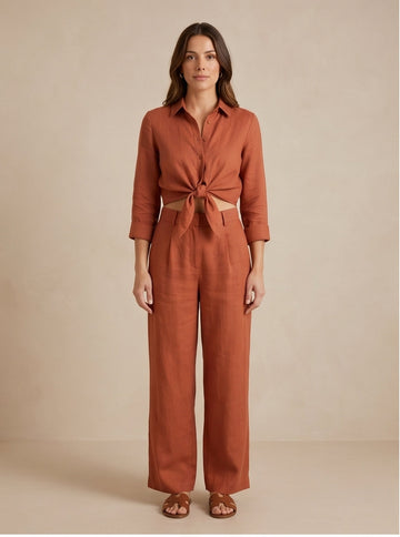 Terracotta Linen Wide-Leg Trouser Co-Ord Set
