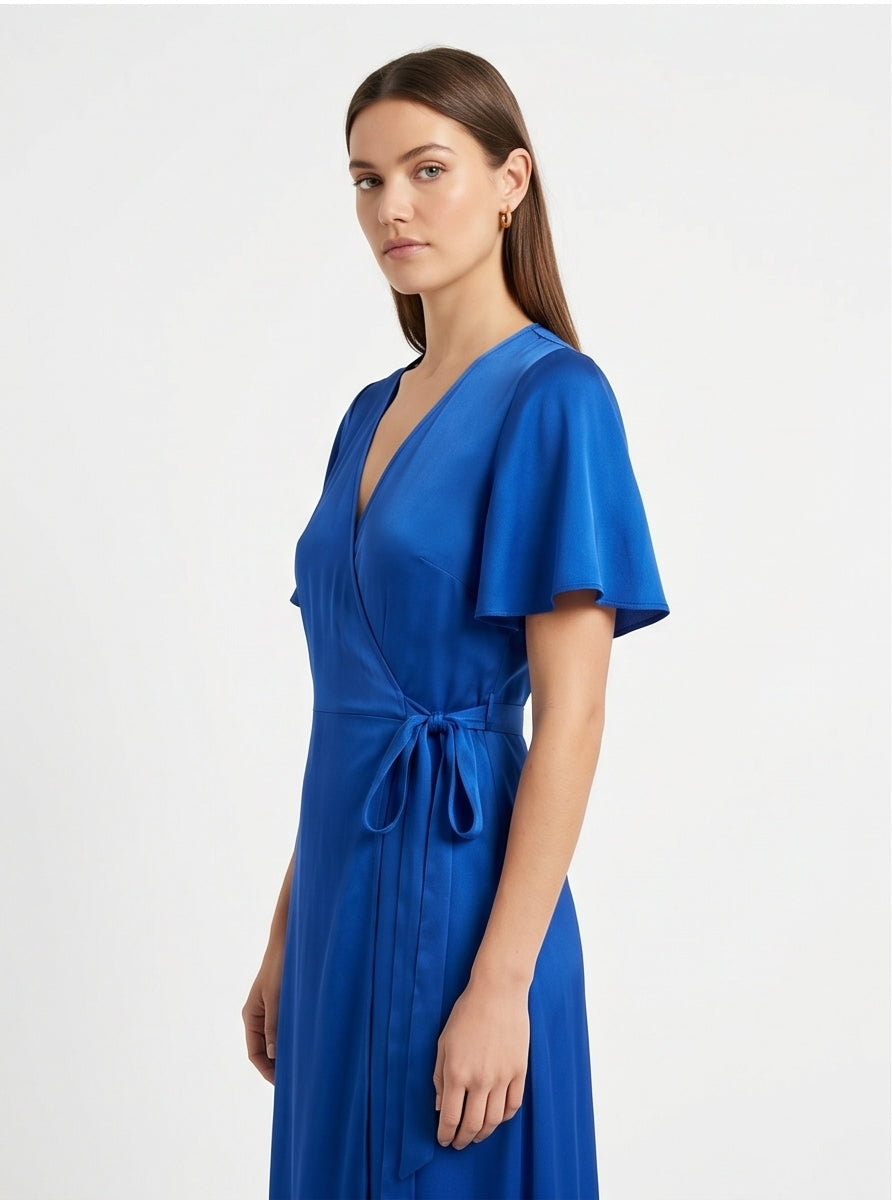 Cobalt Blue Silky Wrap Midi Dress