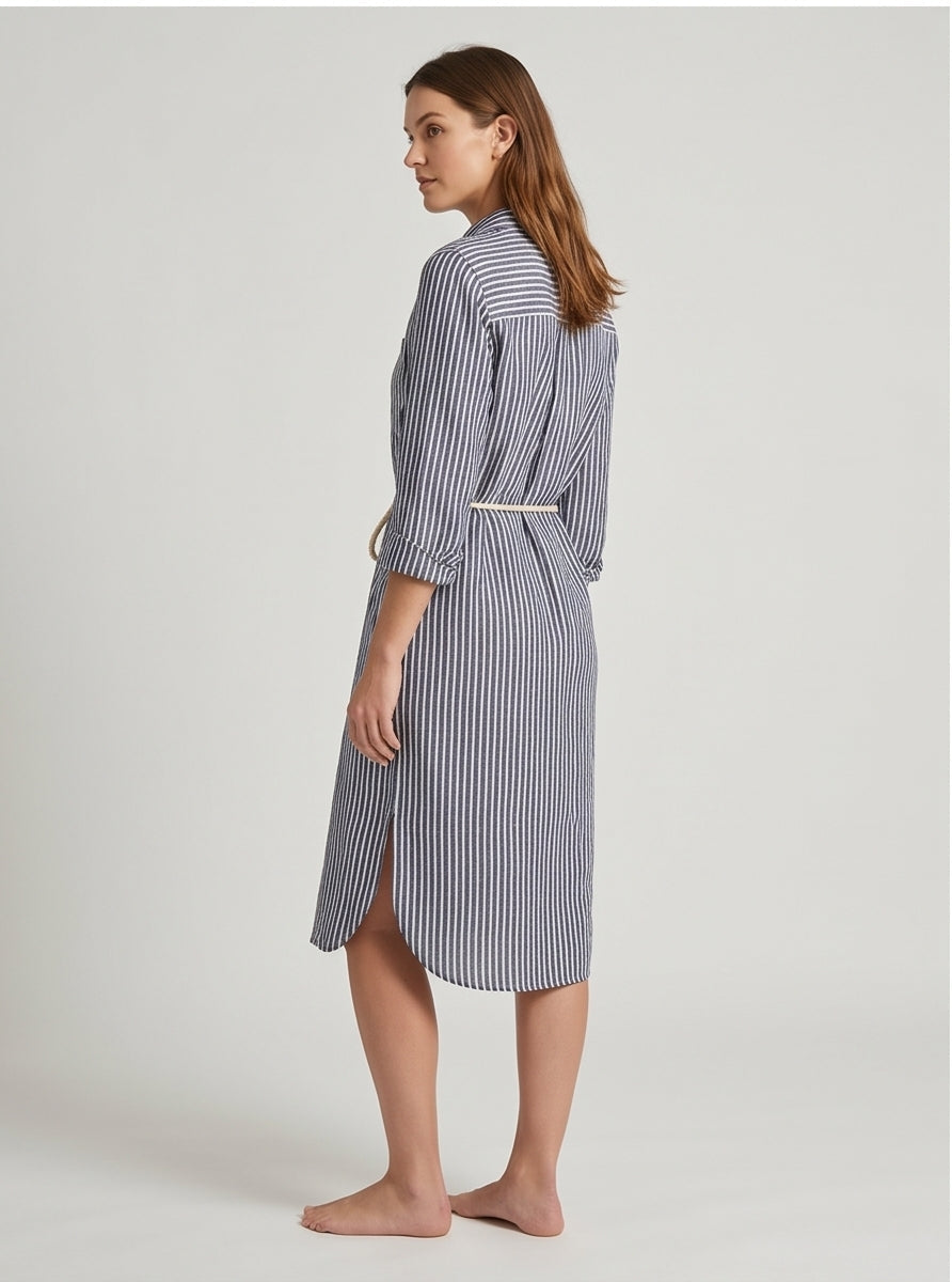 Navy Striped Linen Shirt Dress