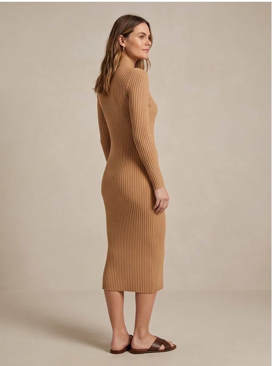 Camel Ribbed Midi Dress Column Silhouette