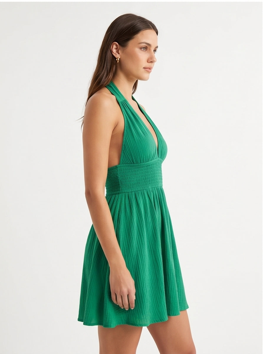 Emerald Green Crinkle Halter Mini Dress