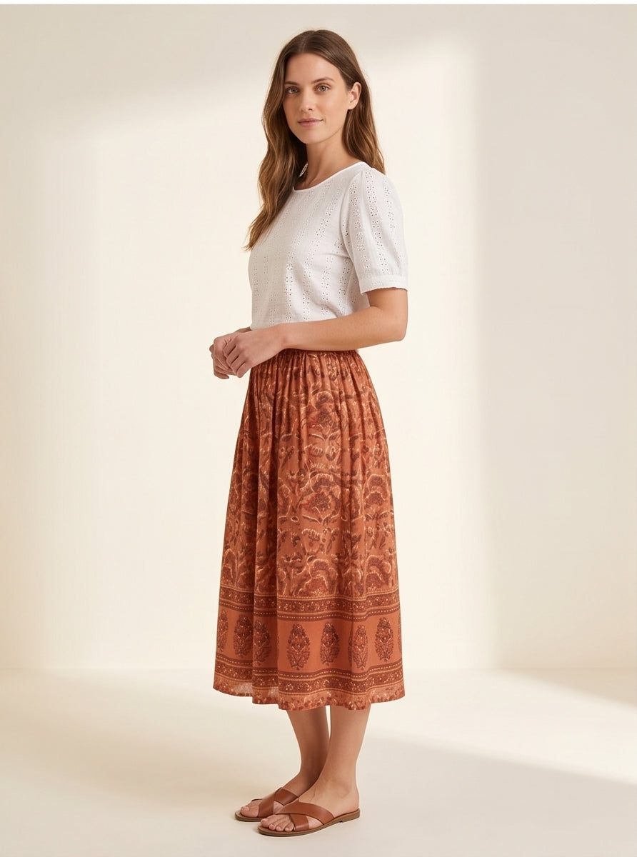 Terra Print Cotton Midi Skirt