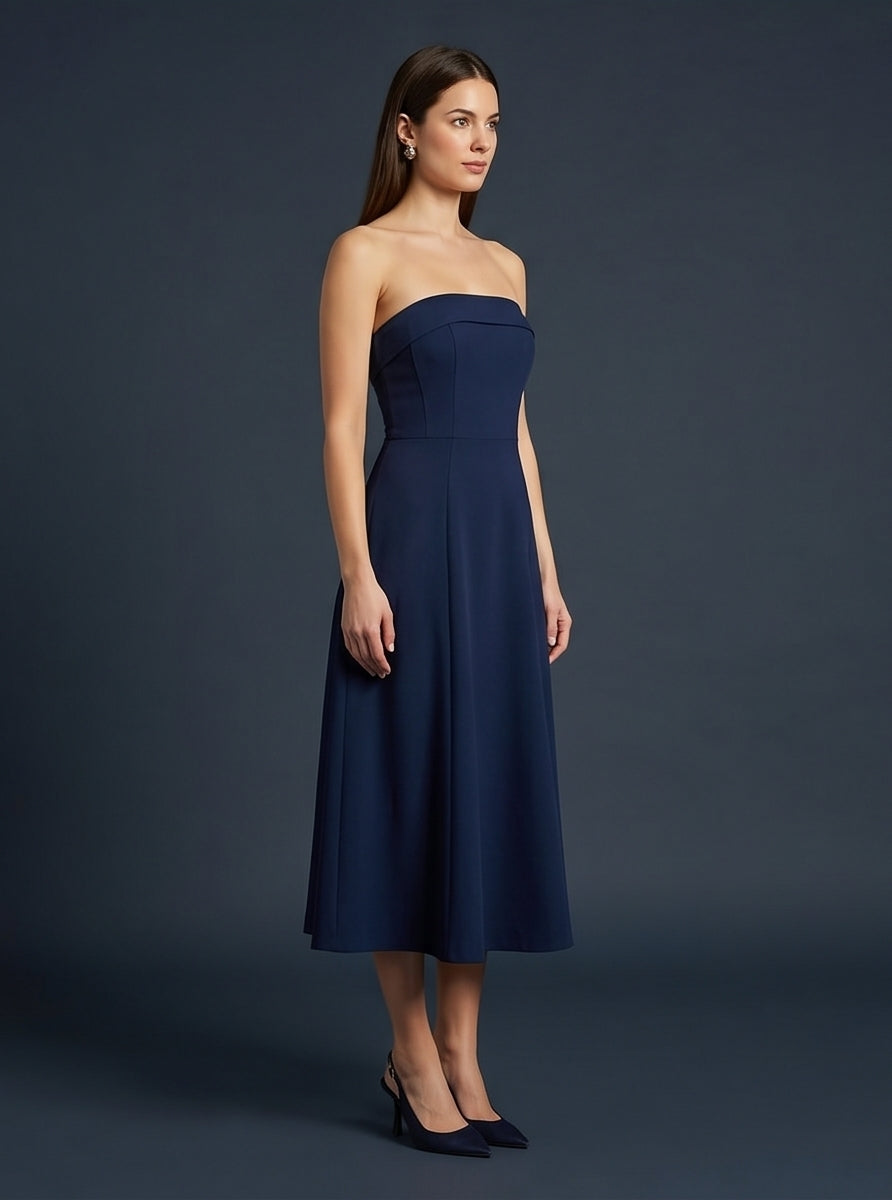 Midnight Blue Strapless Column Midi Dress